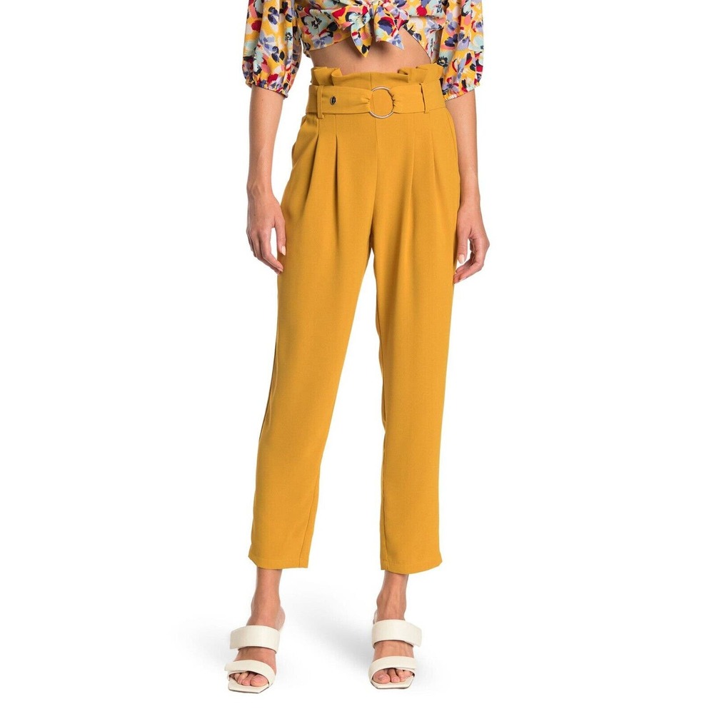 Elodie NWT High Rise Paperbag Straight Pants Mustard Cropped Belted XS Pleated